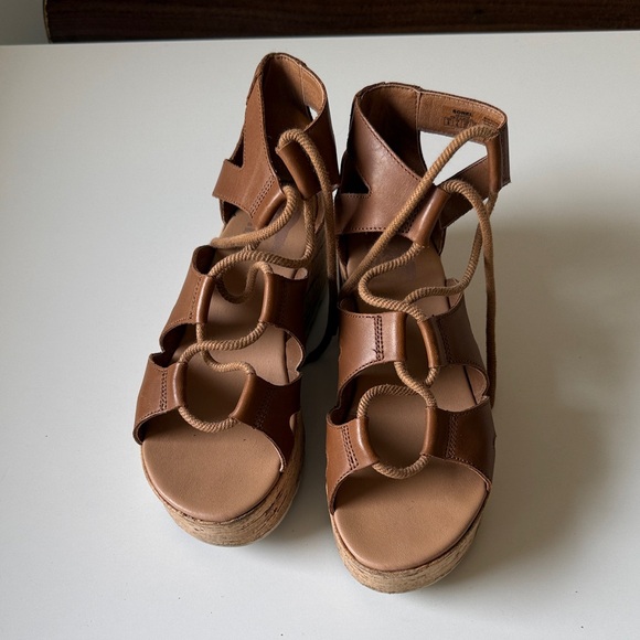 Sorel Shoes - Sorel Brown Leather Lace-Up Wedge Sandals